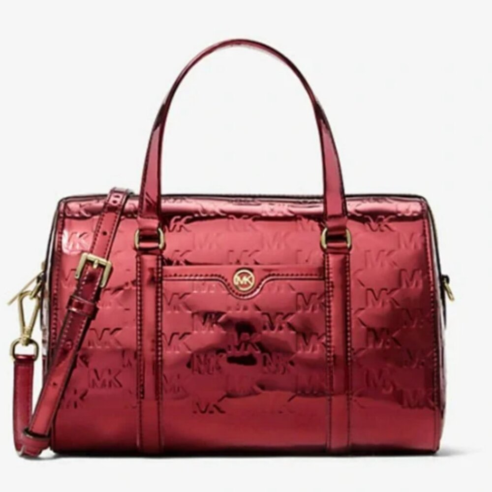 MICHAEL KORS Jet Set Medium Metallic Logo Debossed Satchel Duffle Duffel Cherry